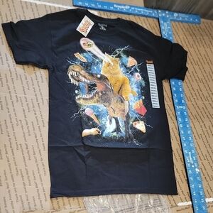 Black Graphic T-Shirt with Dinosaur and Cat Design